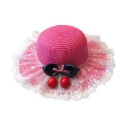 Cherry Lace Straw Hat Beach Hat Beach Hat Sun Protection Cap for Princess, #01