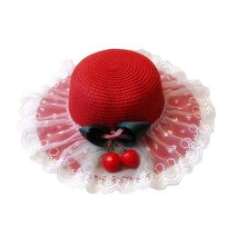 Cherry Lace Straw Hat Beach Hat Beach Hat Sun Protection Cap for Princess, #03