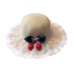Cherry Lace Straw Hat Beach Hat Beach Hat Sun Protection Cap for Princess, #05