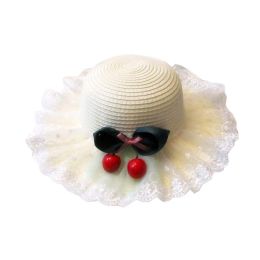 Cherry Lace Straw Hat Beach Hat Beach Hat Sun Protection Cap for Princess, #07