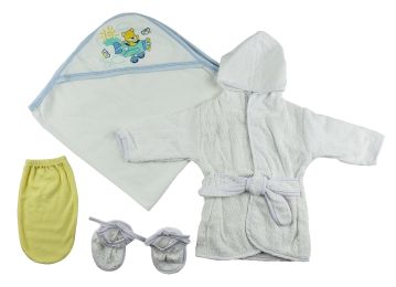 Boys Infant Robe, Hooded Towel and Washcloth Mitt - 3 Pc Set (Color: White/Blue, size: Newborn)