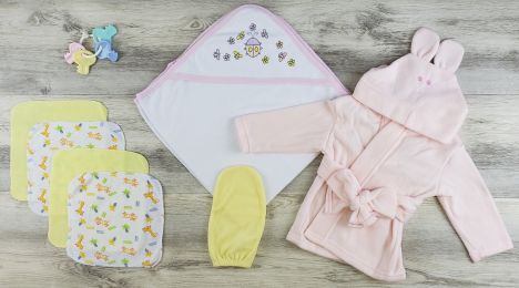 Bambini Hooded Towel, Wash Coths, Bath Mittens and Robe (Color: Yellow/Pink, size: Newborn)