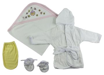 Girls Infant Robe, Hooded Towel and Washcloth Mitt - 3 Pc Set (Color: White/Pink, size: Newborn)