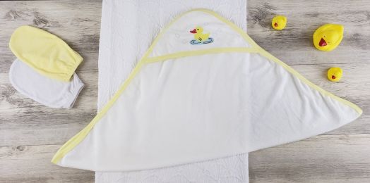 Bambini Hooded Towel and Bath Mittens (Color: Yellow/White, size: Newborn)