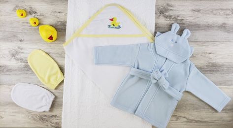 Bambini Hooded Towel, Bath Mittens and Robe (Color: Yellow/White/Blue, size: Newborn)