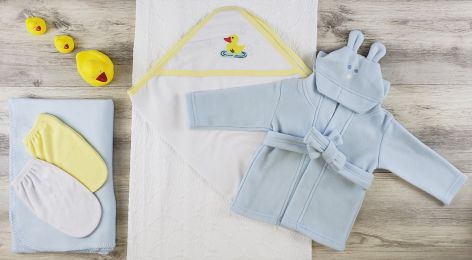 Bambini Hooded Towel, Bath Mittens, Blanket and Robe (Color: Yellow/White/Blue, size: Newborn)