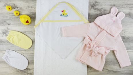 Bambini Hooded Towel, Bath Mittens and Robe (Color: Yellow/White/Pink, size: Newborn)
