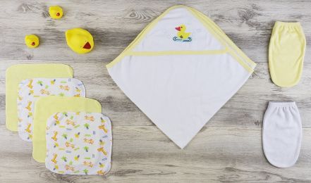 Bambini Hooded Towel, Wash Clothes, Bath Mittens and Robe (Color: Yellow/White, size: Newborn)