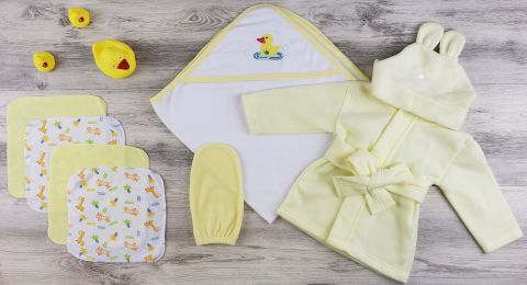 Bambini Hooded Towel, Wash Clothes, Bath Mitten and Robe (Color: Yellow/White, size: Newborn)