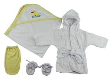 Infant Robe, Hooded Towel and Washcloth Mitt - 3 Pc Set (Color: White/Yellow, size: Newborn)