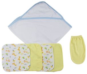 Blue Hooded Towel, Washcloths and Hand Washcloth Mitt - 6 Pc Set (Color: White/Blue, size: Newborn)