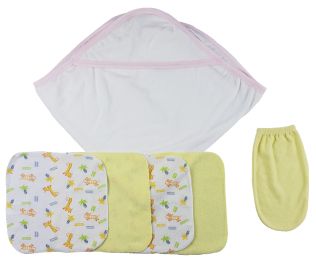 Pink Hooded Towel, Washcloths and Hand Washcloth Mitt - 6 Pc Set (Color: White/Pink, size: Newborn)