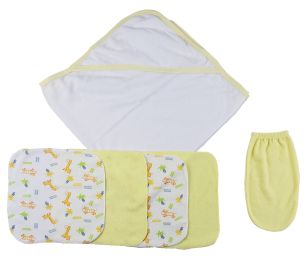 Yellow Hooded Towel, Washcloths and Hand Washcloth Mitt - 6 Pc Set (Color: White/Yellow, size: Newborn)