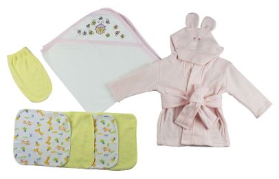 Pink Infant Robe, Hooded Towel, Washcloths and Hand Washcloth Mitt - 7 Pc Set (Color: White/Pink, size: Newborn)