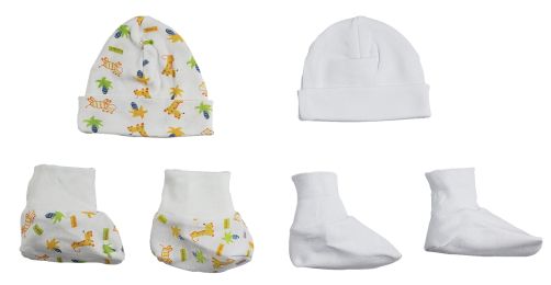 Caps, Booties - 4 Pc Set (Color: White/Yellow, size: Newborn)