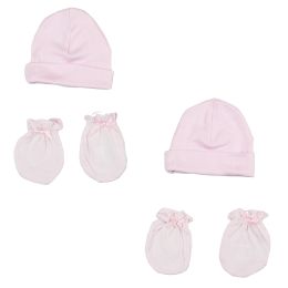 Bambini Girls' Cap and Mittens 4 Piece Layette Set (Color: White/Pink, size: Newborn)
