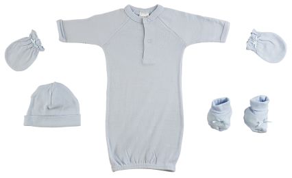 Preemie Gown, Cap, Mittens and Booties - 4 Pc Set (Color: Blue, size: Preemie)