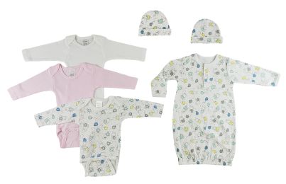 Gown, Onezies and Caps - 6 Pc Set (Color: White, size: Newborn)