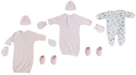 Preemie Girls Gowns, Sleep-n-Play, Caps, Mittens and Booties - 8 Pc Set (Color: Pink, size: Preemie)