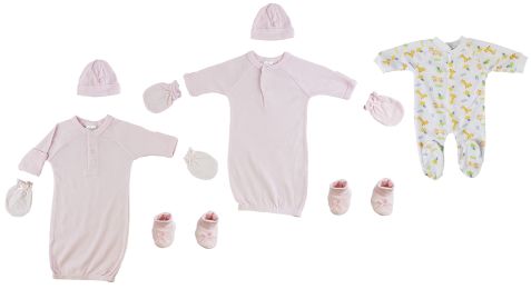 Preemie Girls Sleep-n-Play, Gowns, Caps, Booties and MIttens (Color: Pink, size: Preemie)