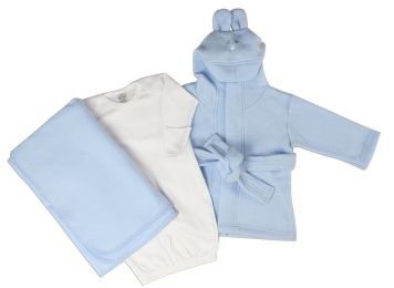 Bambini Newborn Baby Boys 3 Pc Layette Set (Gown, Robe, Fleece Blanket) (Color: White/Blue, size: Newborn)