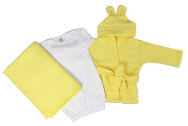 Bambini Neutral Newborn Baby 3 Pc Layette Set (Gown, Robe, Fleece Blanket) (Color: White/Yellow, size: Newborn)