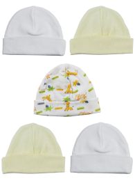 Bambini Beanie Baby Caps (Pack of 5) (Color: White/Yellow/Print, size: One Size)