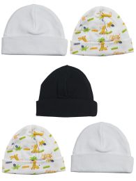 Bambini Beanie Baby Caps (Pack of 5) (Color: White/Black/Print, size: One Size)