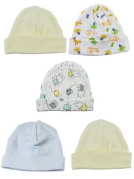 Bambini Boys Baby Caps (Pack of 5) (Color: Blue/Yellow/Print, size: One Size)